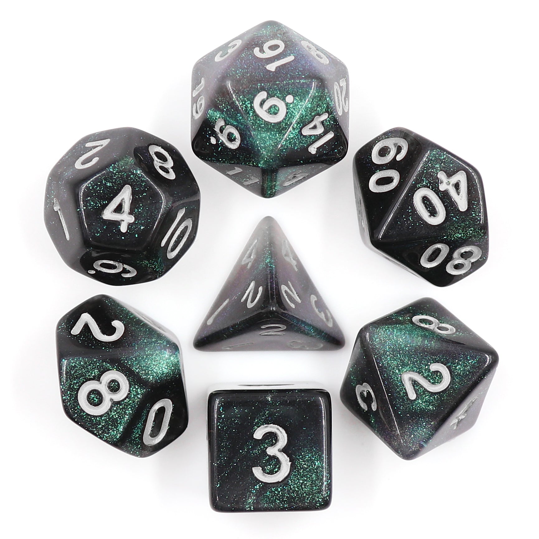 Everclear Aurora 7pc Dice Set with Silver Ink